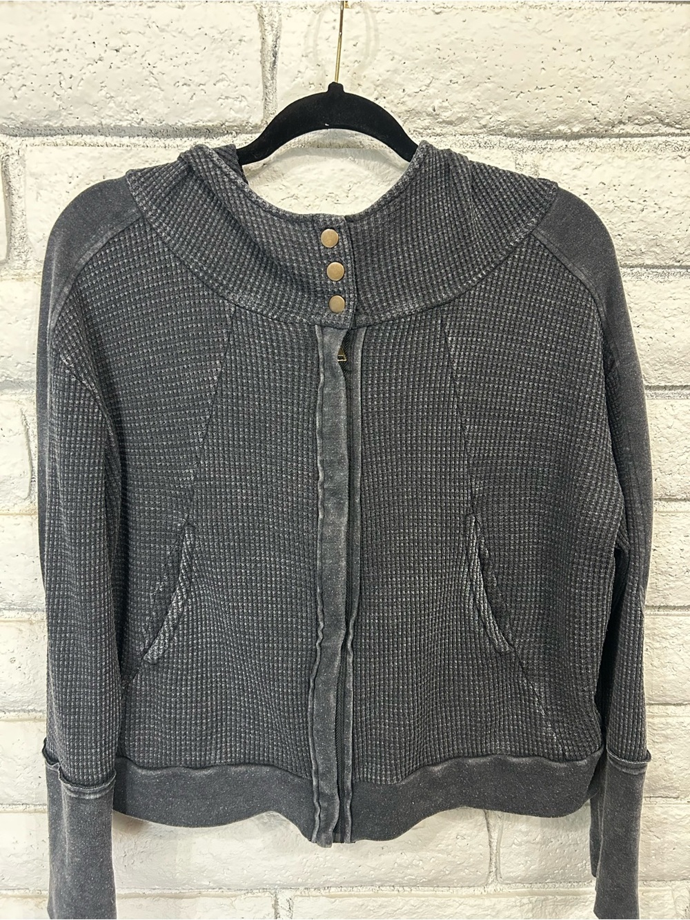 Hard Tail Women's Waffle Knit Hooded Zip Jacket Charcoal Gray Thermal Hoodie - Picture 2 of 4